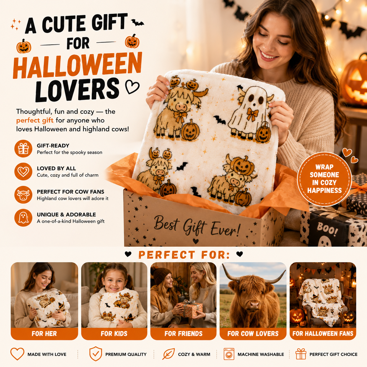 🎃 Cute Halloween Highland Cow Ghost Plush Throw Blanket🔥