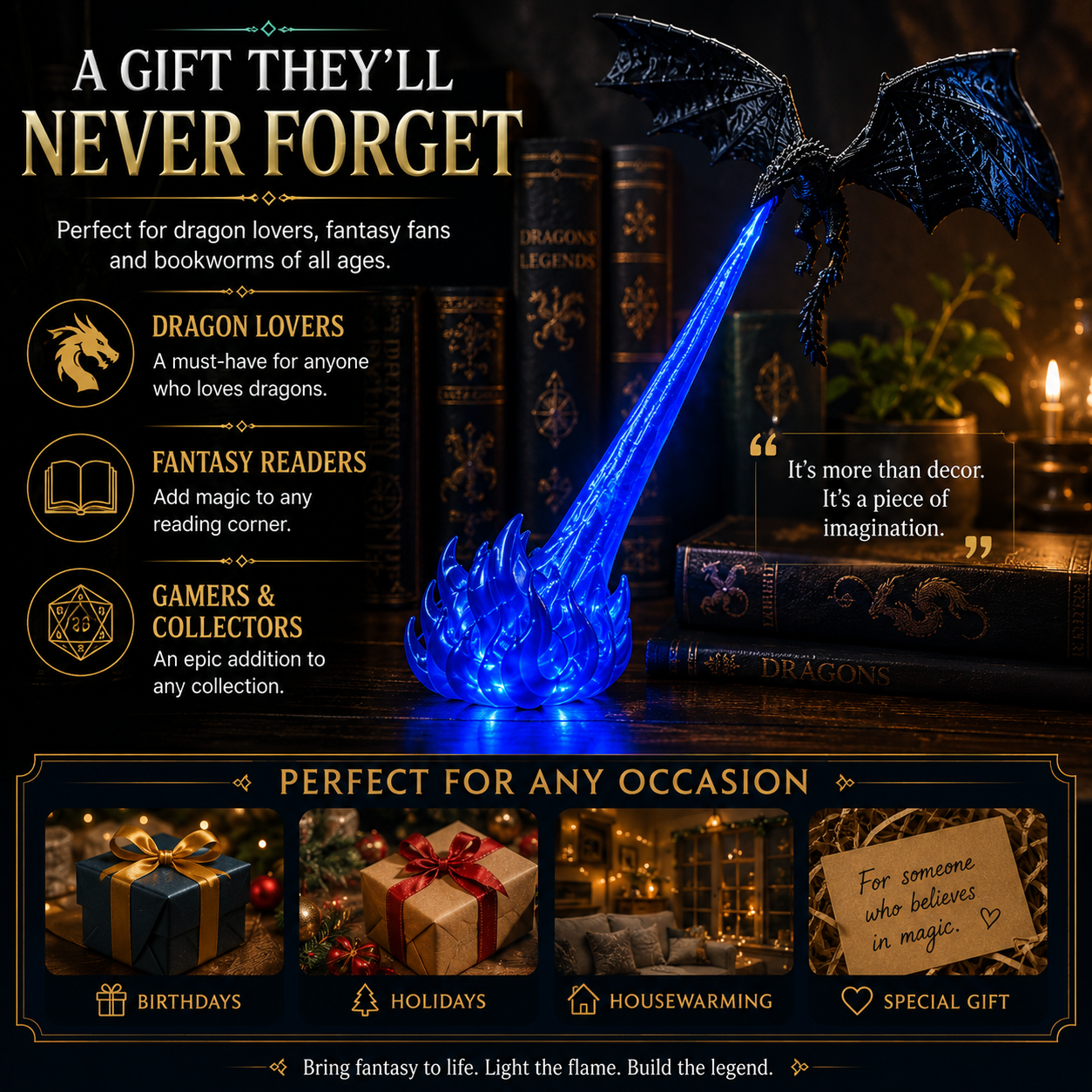 ๐| 3D Fire-Breathing Dragon LED Display โ Fantasy Bookshelf Decor with Glowing Flame