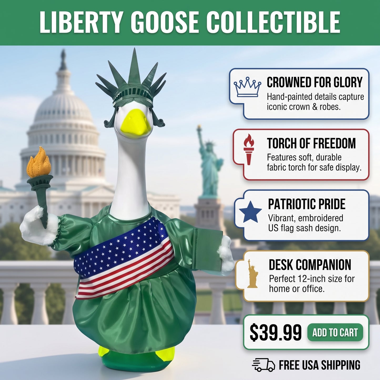 š¦¢VALORS TOPā¢Liberty Porch Goose Outfit for 23" Plastic/ Cement Goose Statues