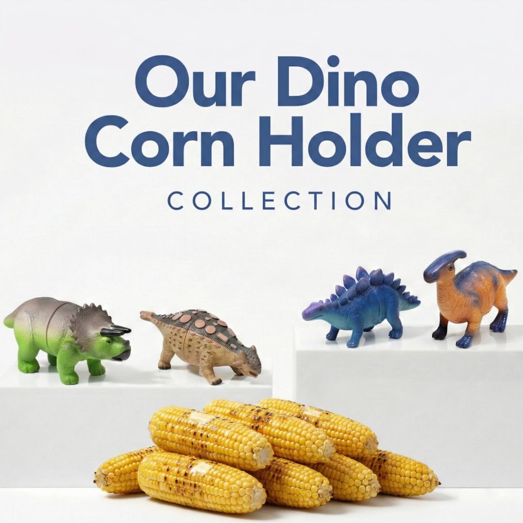 Dinosaur Corn Holders for Corn On The Cob - Funny Corn Cob Holder for Kids and Adults with Stainless Steel Prongs (Blue/Orange)