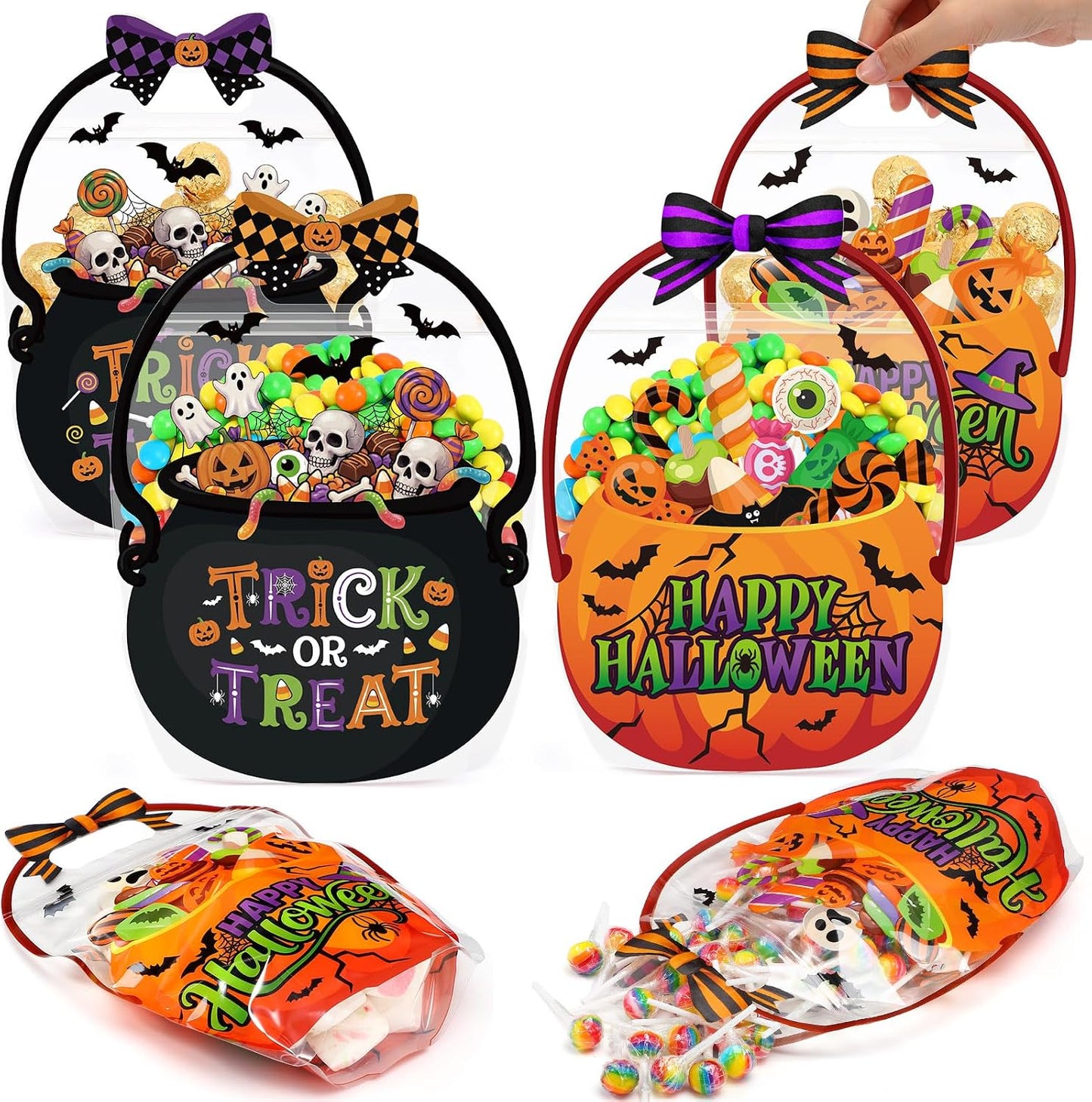 Fuutreo 50 Pcs Halloween Bags Plastic Pumpkin Clear Sealed Pouches with Handles Resealable Scary Holiday Favor Gift Bags for Halloween Holiday Party Candy Gift Wrapping Supplies Decoration(Pumpkin)