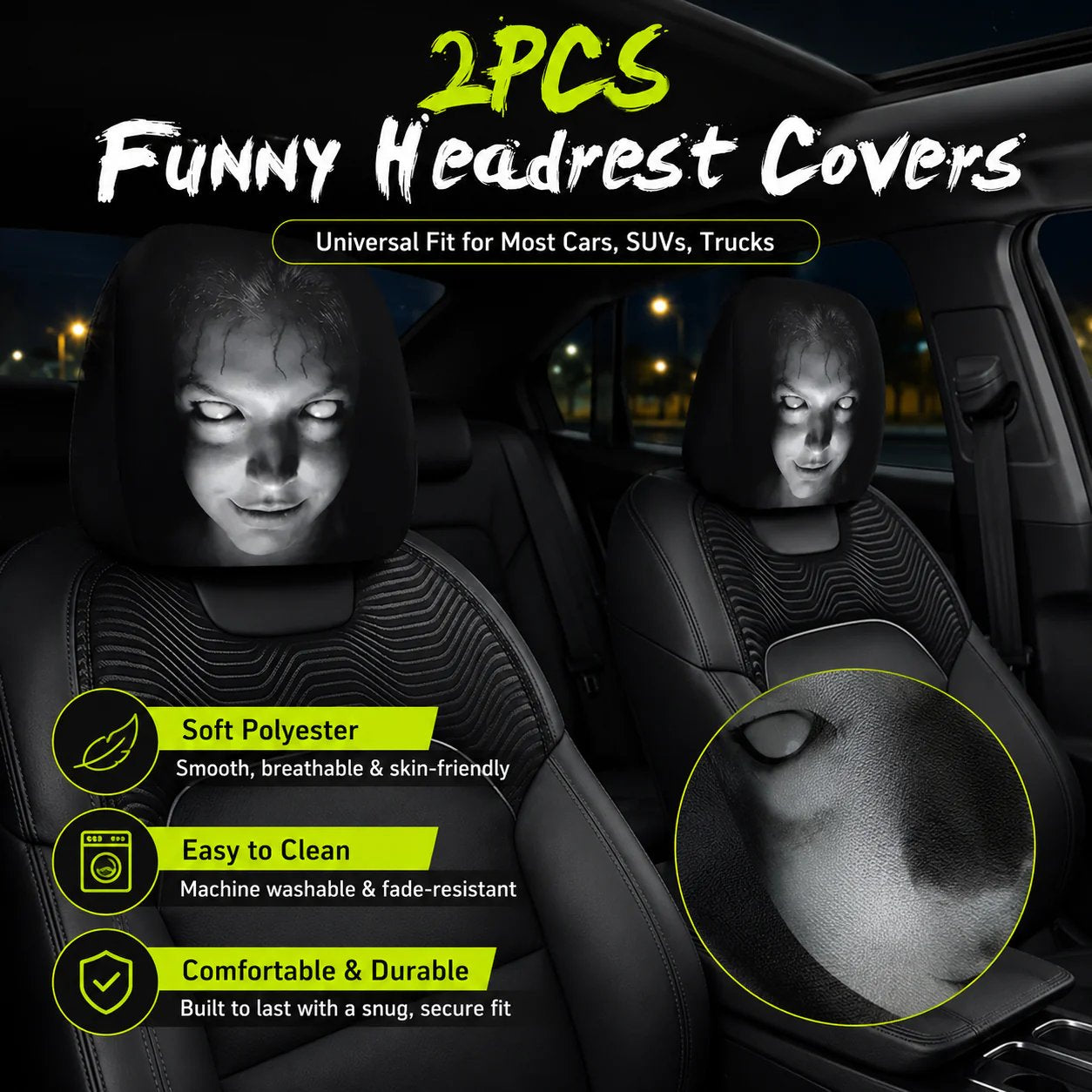๐ Funny Cartoon Car Headrest Covers โ 2PCS Universal Fit ๐