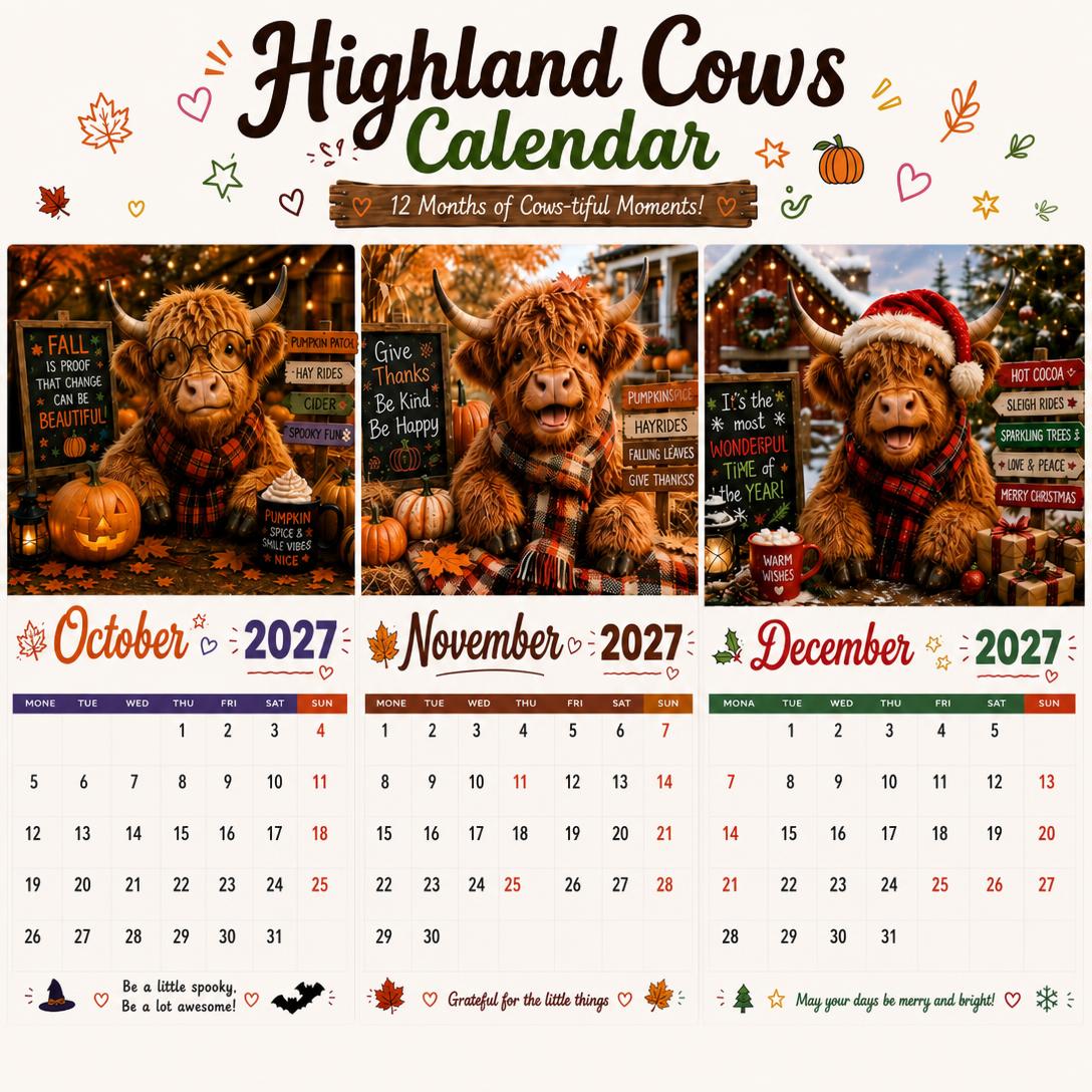 ๐ฎ๐2027 Funny Highland Cows Wall Calendar | A4 Hanging Calendar