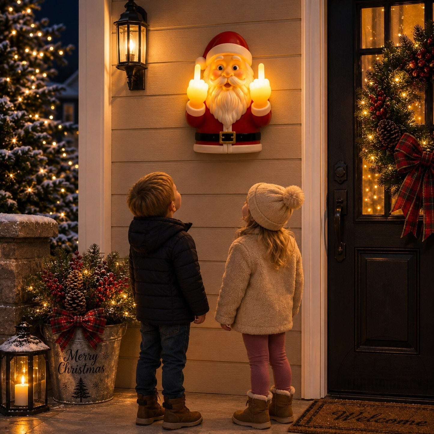 Funny Light-Up Middle Finger Santa Outdoor Wall Sconce Christmas Decor