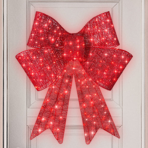 🔥Christmas Sale🎁Pre-Lit Christmas Bow, Large Outdoor LED Lighted Holiday Décor w/ 8 Light Functions, Hook