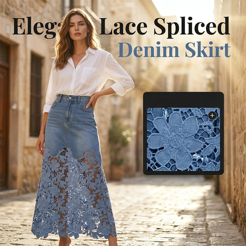 💯 LONG DENIM SKIRT WITH LACE INSERT