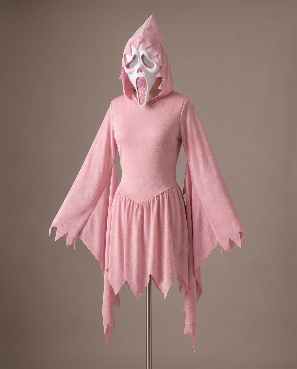Pink Glitter Ghost Costume | Hooded Dress &Screaming Mask (Kids & Adult)