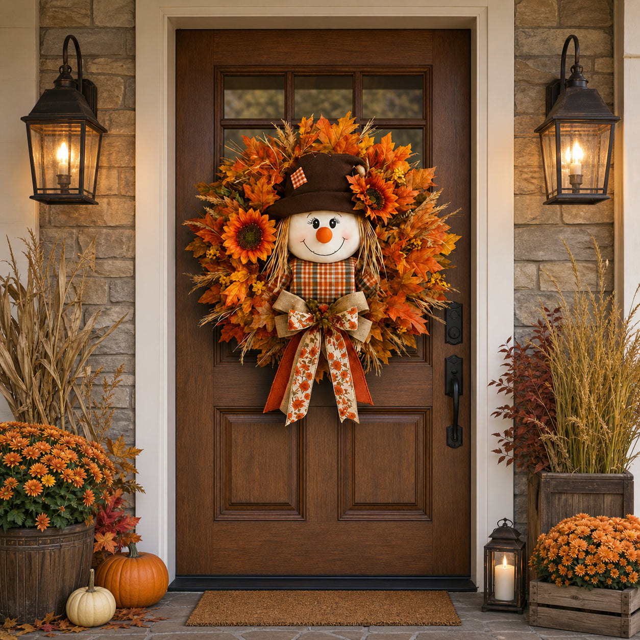 🔥🍁 Fall Favorite – Lighted Scarecrow Front Door Wreath