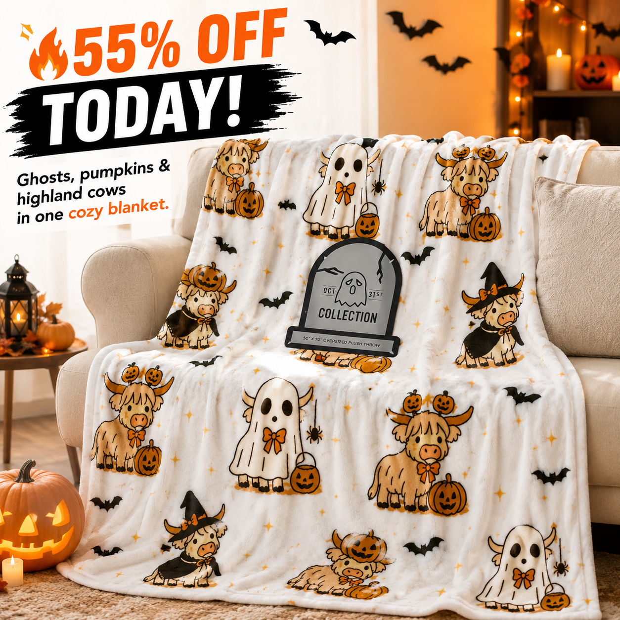 🎃 Cute Halloween Highland Cow Ghost Plush Throw Blanket🔥