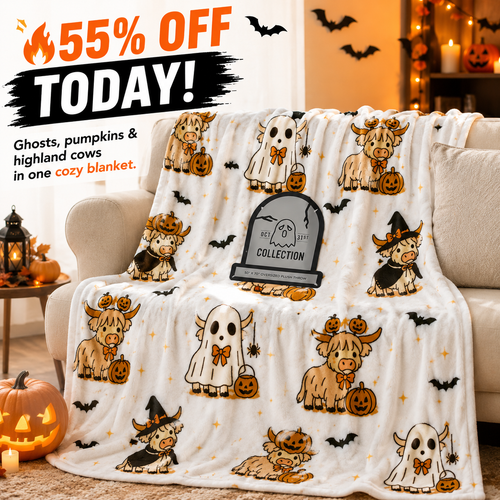 🎃 Cute Halloween Highland Cow Ghost Plush Throw Blanket🔥