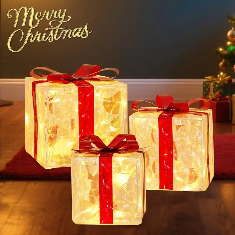 🔥Christmas Sale🎁3pc Festive Christmas Ornaments Set with Gift Box - 8 Modes, Remote Control, Warm Light LED, Ribbon Accents, DIY Assembly
