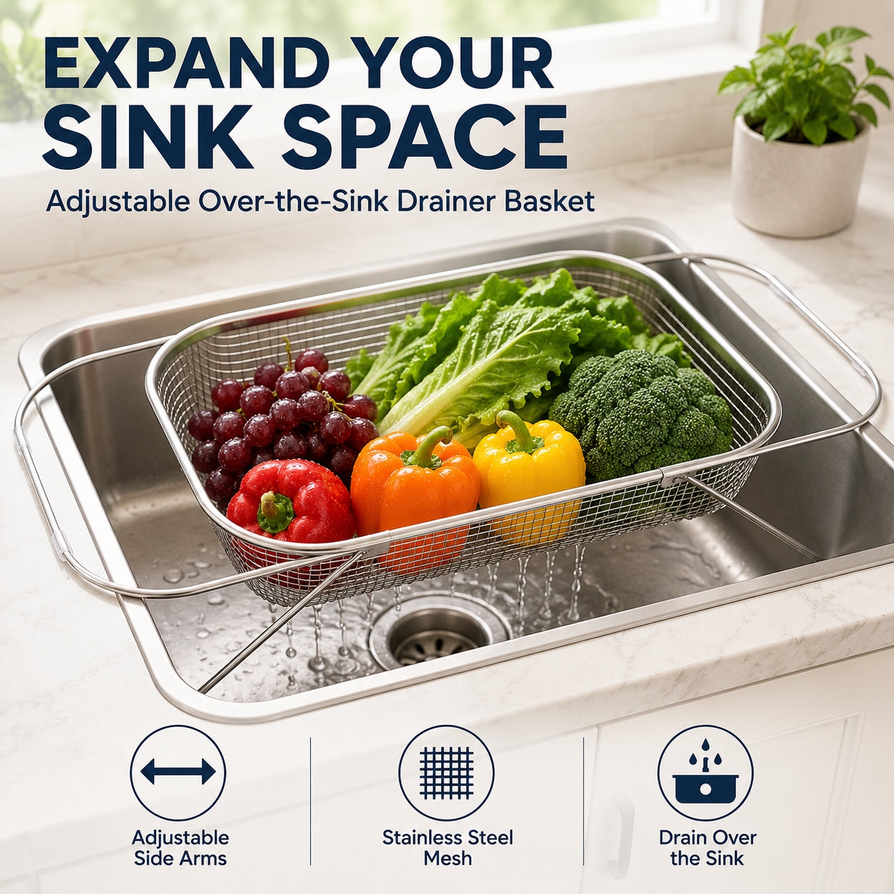 🧺 Stainless Steel Adjustable Over-the-Sink Drainer Basket