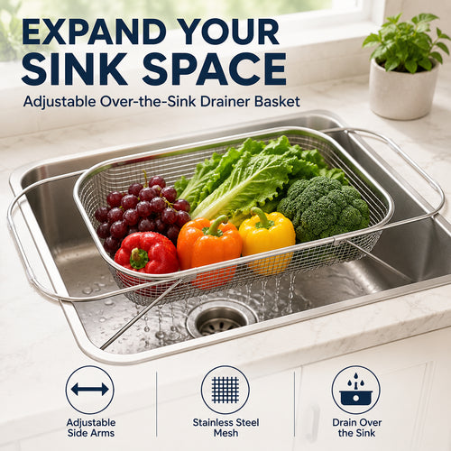 🧺 Stainless Steel Adjustable Over-the-Sink Drainer Basket