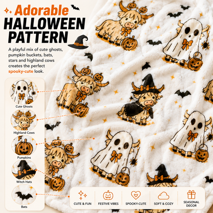 🎃 Cute Halloween Highland Cow Ghost Plush Throw Blanket🔥