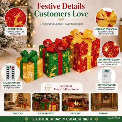 🔥Christmas Sale🎁3pc Festive Christmas Ornaments Set with Gift Box - 8 Modes, Remote Control, Warm Light LED, Ribbon Accents, DIY Assembly