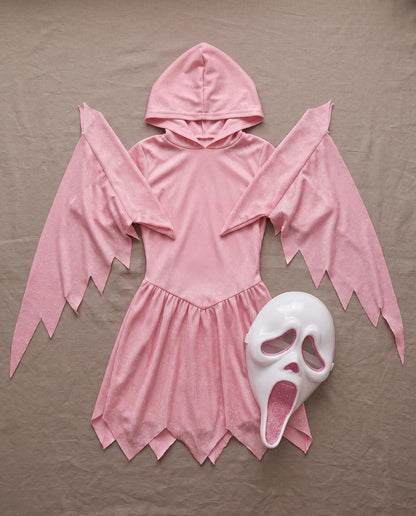 Pink Glitter Ghost Costume | Hooded Dress &Screaming Mask (Kids & Adult)