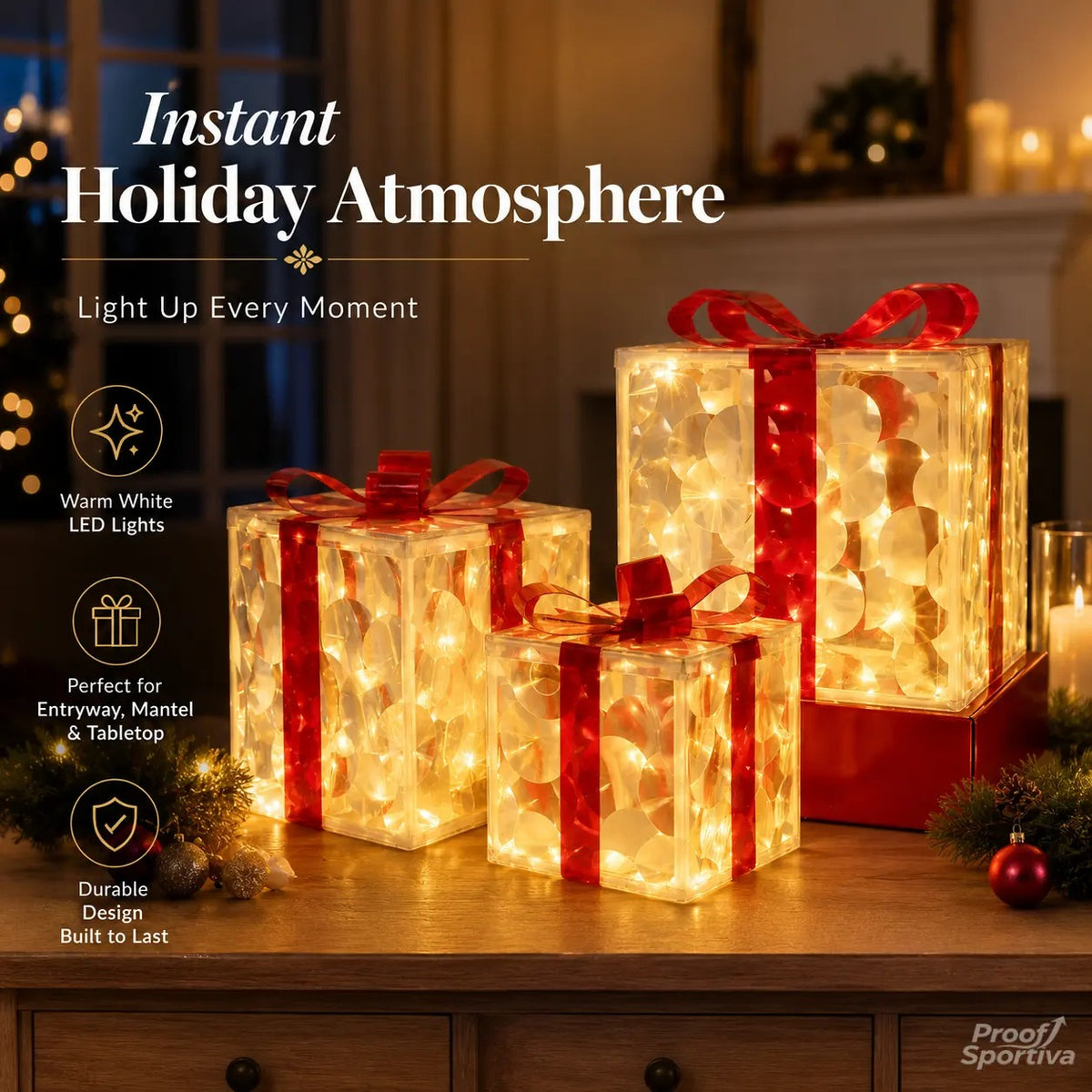 🔥Christmas Sale🎁3pc Festive Christmas Ornaments Set with Gift Box - 8 Modes, Remote Control, Warm Light LED, Ribbon Accents, DIY Assembly