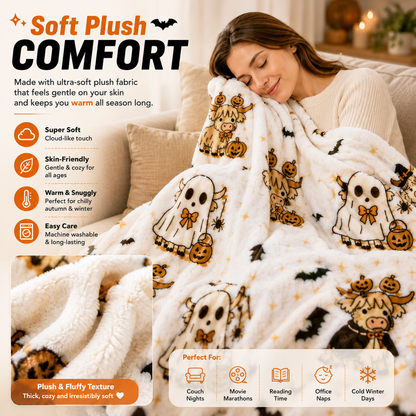 🎃 Cute Halloween Highland Cow Ghost Plush Throw Blanket🔥