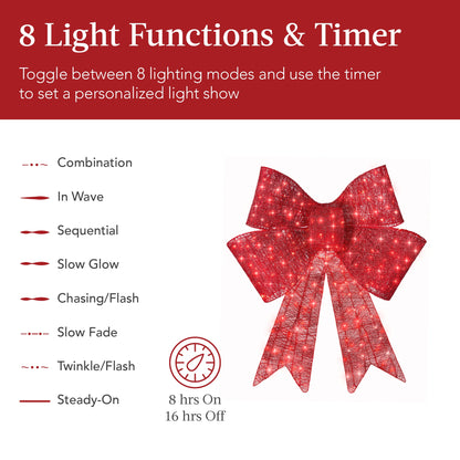 🔥Christmas Sale🎁Pre-Lit Christmas Bow, Large Outdoor LED Lighted Holiday Décor w/ 8 Light Functions, Hook