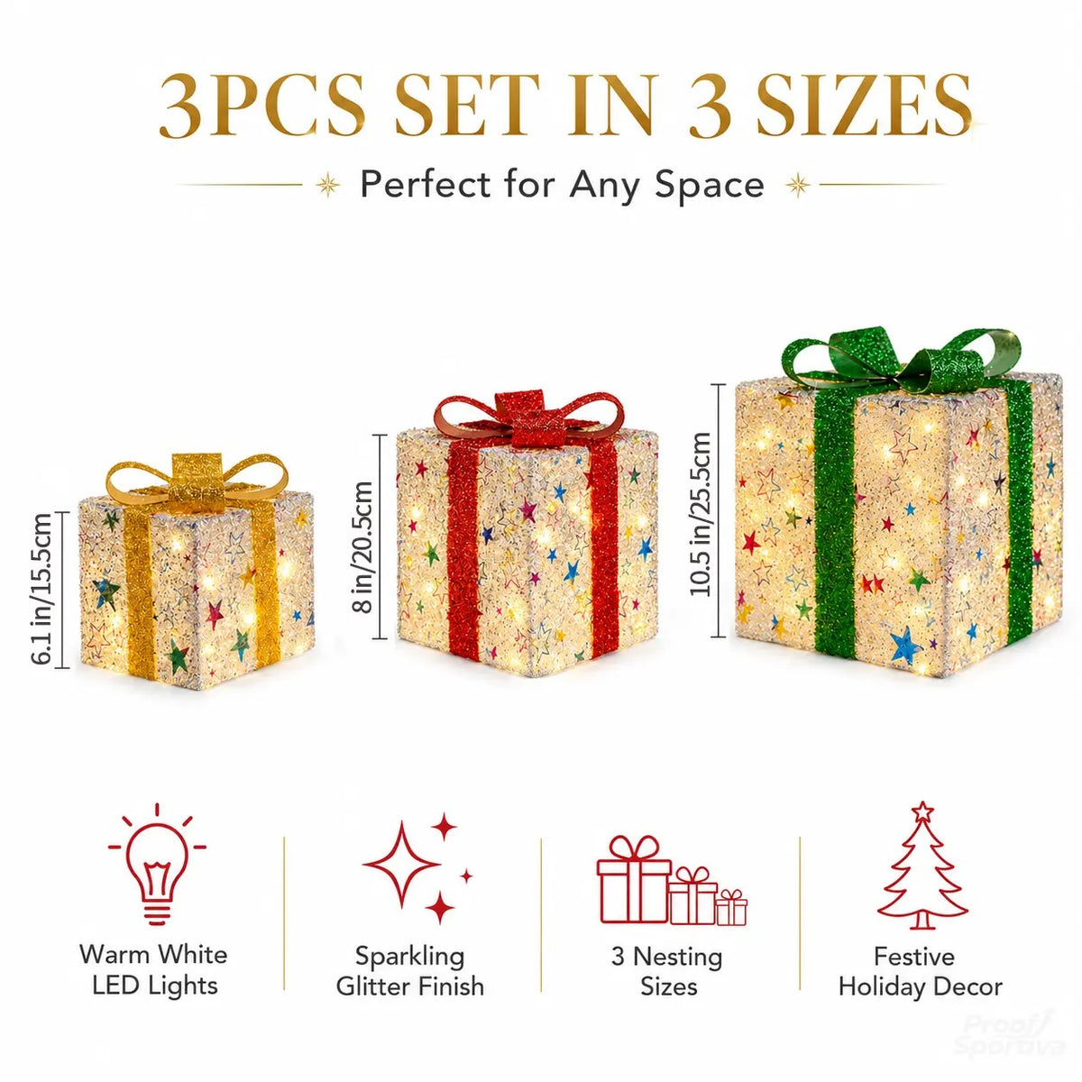 🔥Christmas Sale🎁3pc Festive Christmas Ornaments Set with Gift Box - 8 Modes, Remote Control, Warm Light LED, Ribbon Accents, DIY Assembly