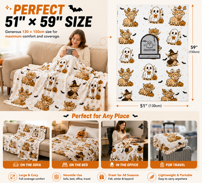 🎃 Cute Halloween Highland Cow Ghost Plush Throw Blanket🔥