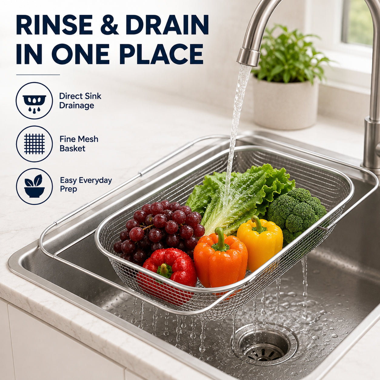 🧺 Stainless Steel Adjustable Over-the-Sink Drainer Basket
