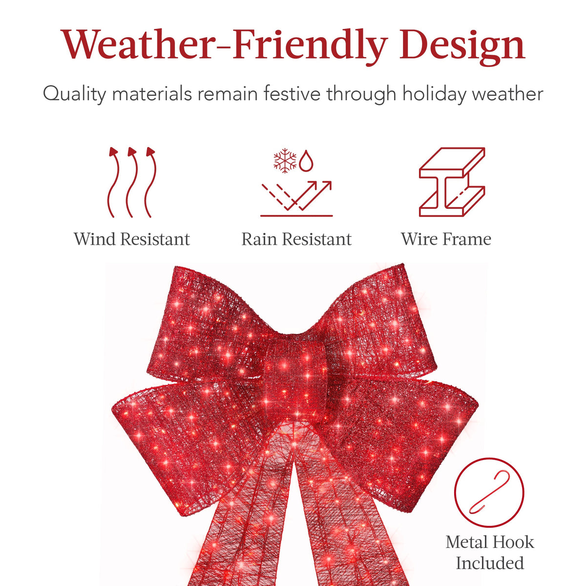 🔥Christmas Sale🎁Pre-Lit Christmas Bow, Large Outdoor LED Lighted Holiday Décor w/ 8 Light Functions, Hook