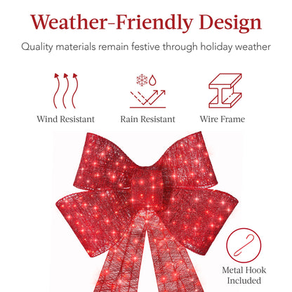 🔥Christmas Sale🎁Pre-Lit Christmas Bow, Large Outdoor LED Lighted Holiday Décor w/ 8 Light Functions, Hook