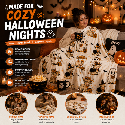 🎃 Cute Halloween Highland Cow Ghost Plush Throw Blanket🔥