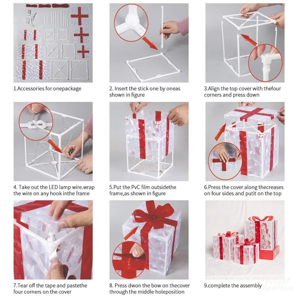 🔥Christmas Sale🎁3pc Festive Christmas Ornaments Set with Gift Box - 8 Modes, Remote Control, Warm Light LED, Ribbon Accents, DIY Assembly