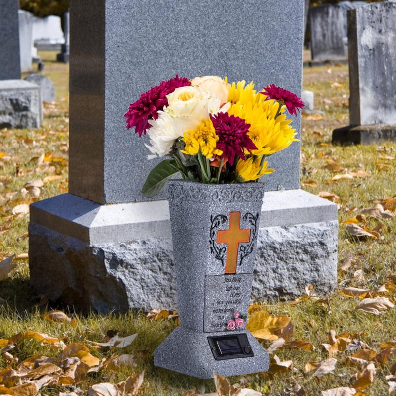 💥Solar LED Grave Vase with Ground Spike for Cemetery Headstones – Memorial Flower Holder
