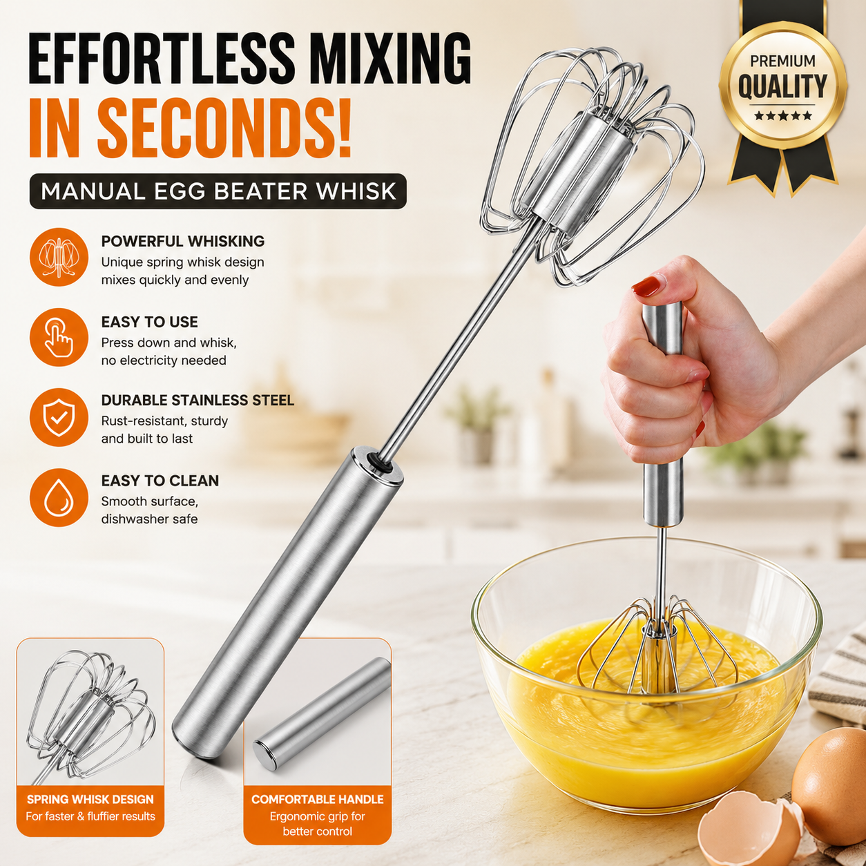 Semi-Automatic Stainless Steel Hand-Push Rotary Whisk – Food-Grade Rust-Resistant, Sturdy Riveted Construction | Eggs, Coffee, Cream & Batter | Easy to Clean | 1pc / 2pcs / 4pcs