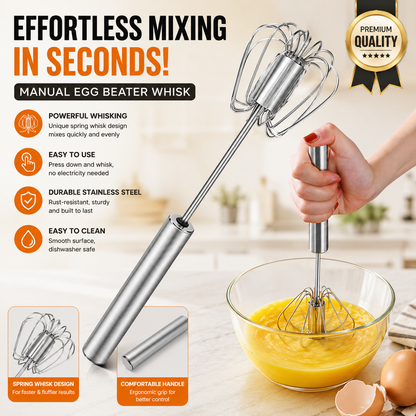 Semi-Automatic Stainless Steel Hand-Push Rotary Whisk – Food-Grade Rust-Resistant, Sturdy Riveted Construction | Eggs, Coffee, Cream & Batter | Easy to Clean | 1pc / 2pcs / 4pcs