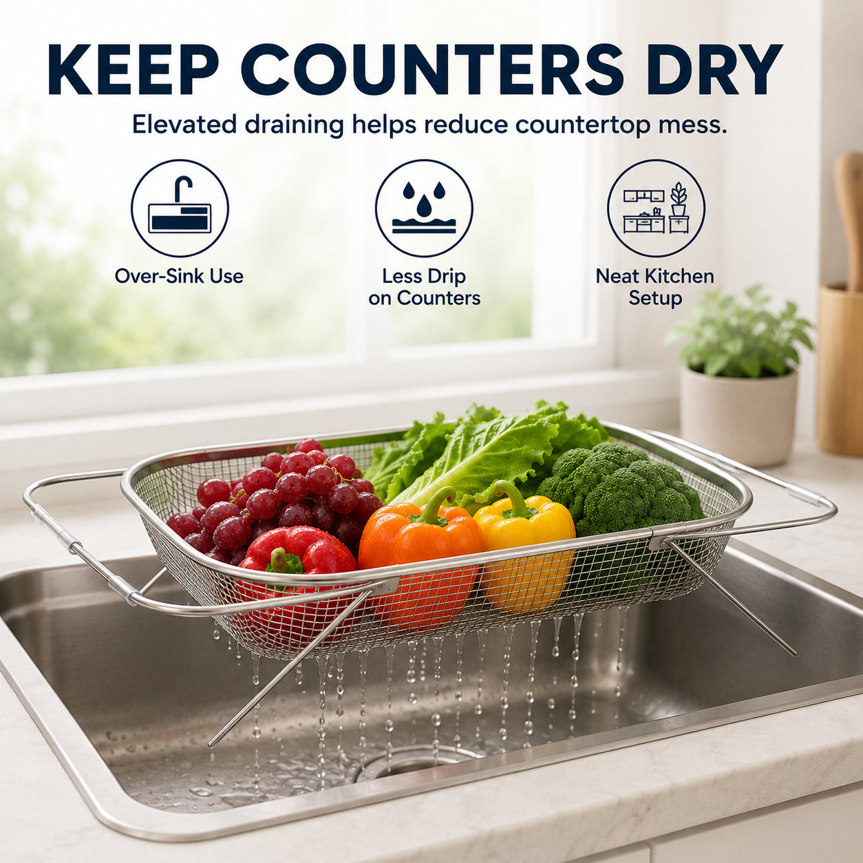 🧺 Stainless Steel Adjustable Over-the-Sink Drainer Basket