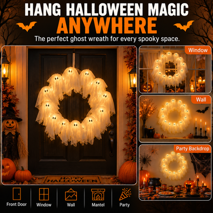 👻 LED Ghost Wreath – 12-Light Halloween Door Decoration