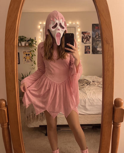 Pink Glitter Ghost Costume | Hooded Dress &Screaming Mask (Kids & Adult)