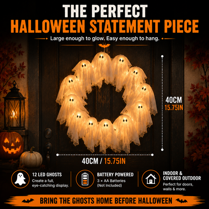 👻 LED Ghost Wreath – 12-Light Halloween Door Decoration