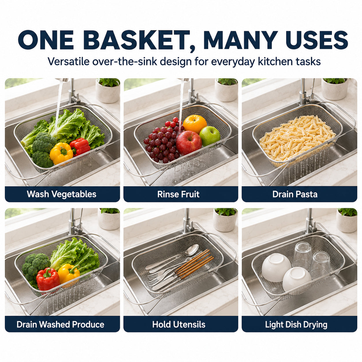 🧺 Stainless Steel Adjustable Over-the-Sink Drainer Basket