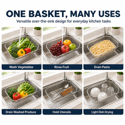🧺 Stainless Steel Adjustable Over-the-Sink Drainer Basket