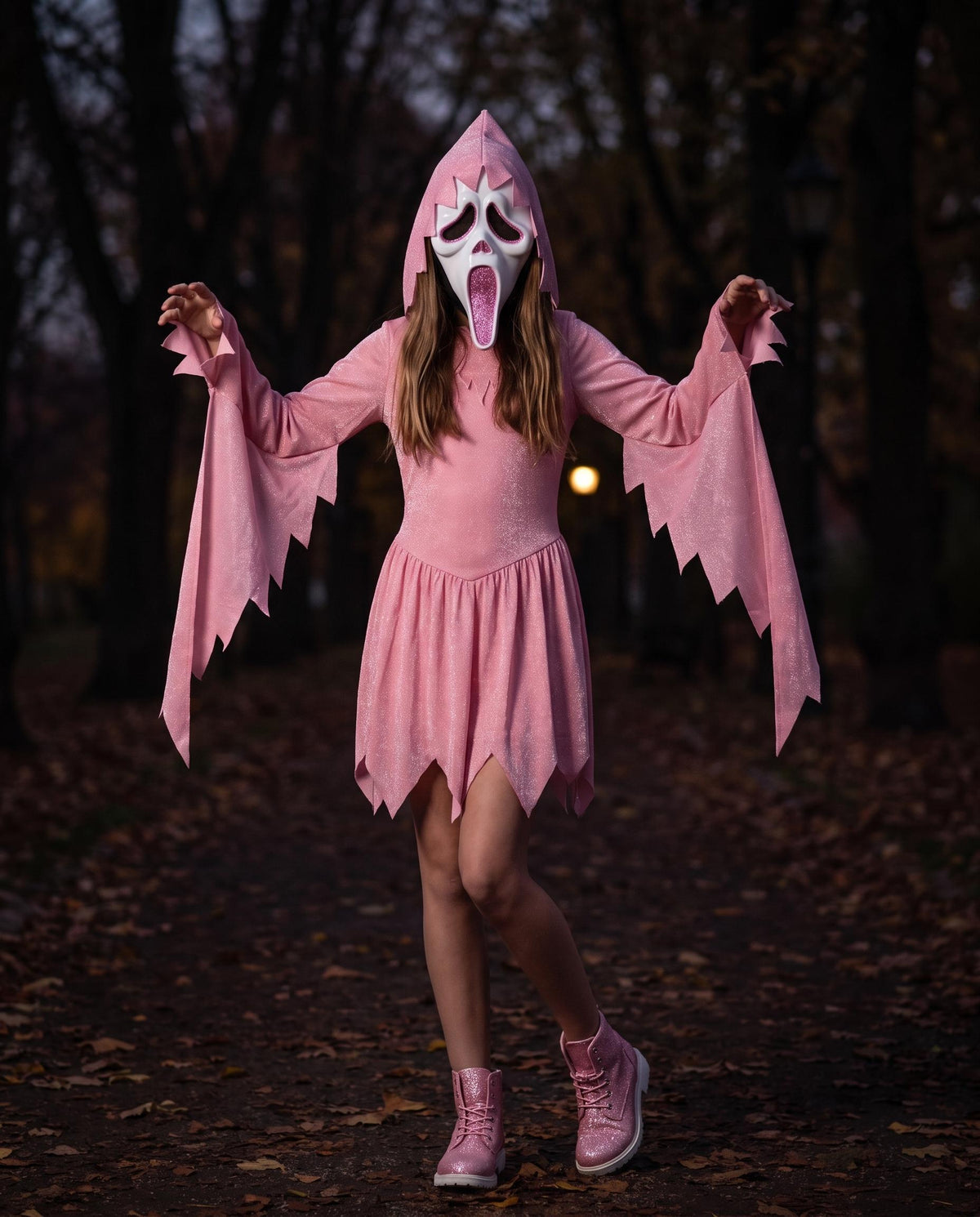 Pink Glitter Ghost Costume | Hooded Dress &Screaming Mask (Kids & Adult)