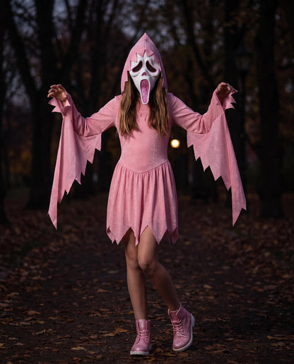 Pink Glitter Ghost Costume | Hooded Dress &Screaming Mask (Kids & Adult)