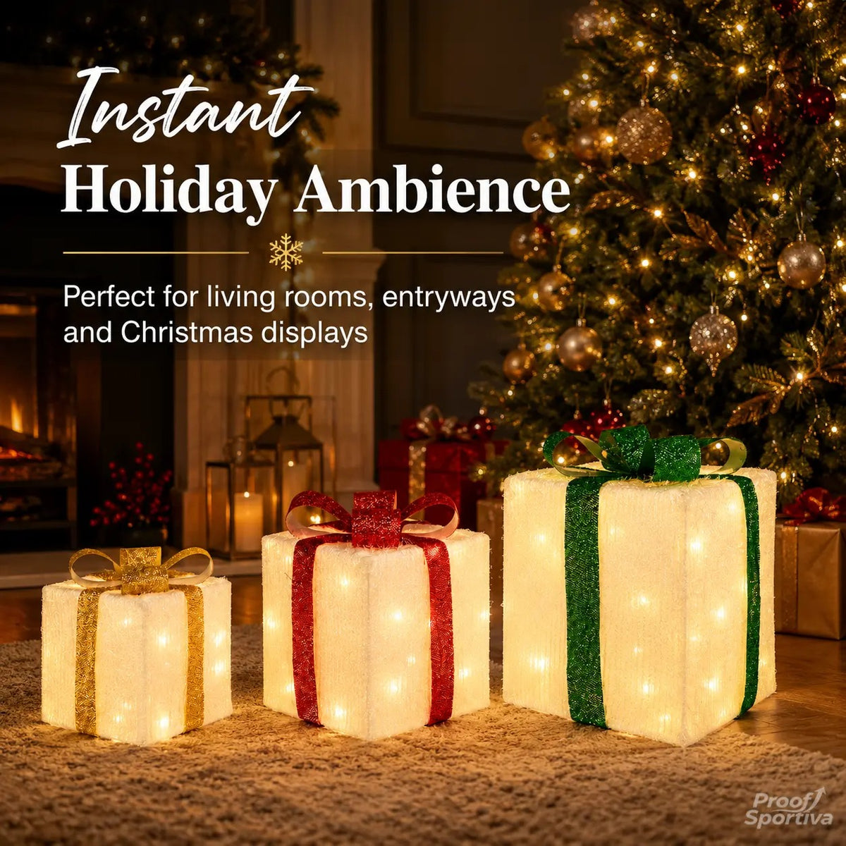 🔥Christmas Sale🎁3pc Festive Christmas Ornaments Set with Gift Box - 8 Modes, Remote Control, Warm Light LED, Ribbon Accents, DIY Assembly