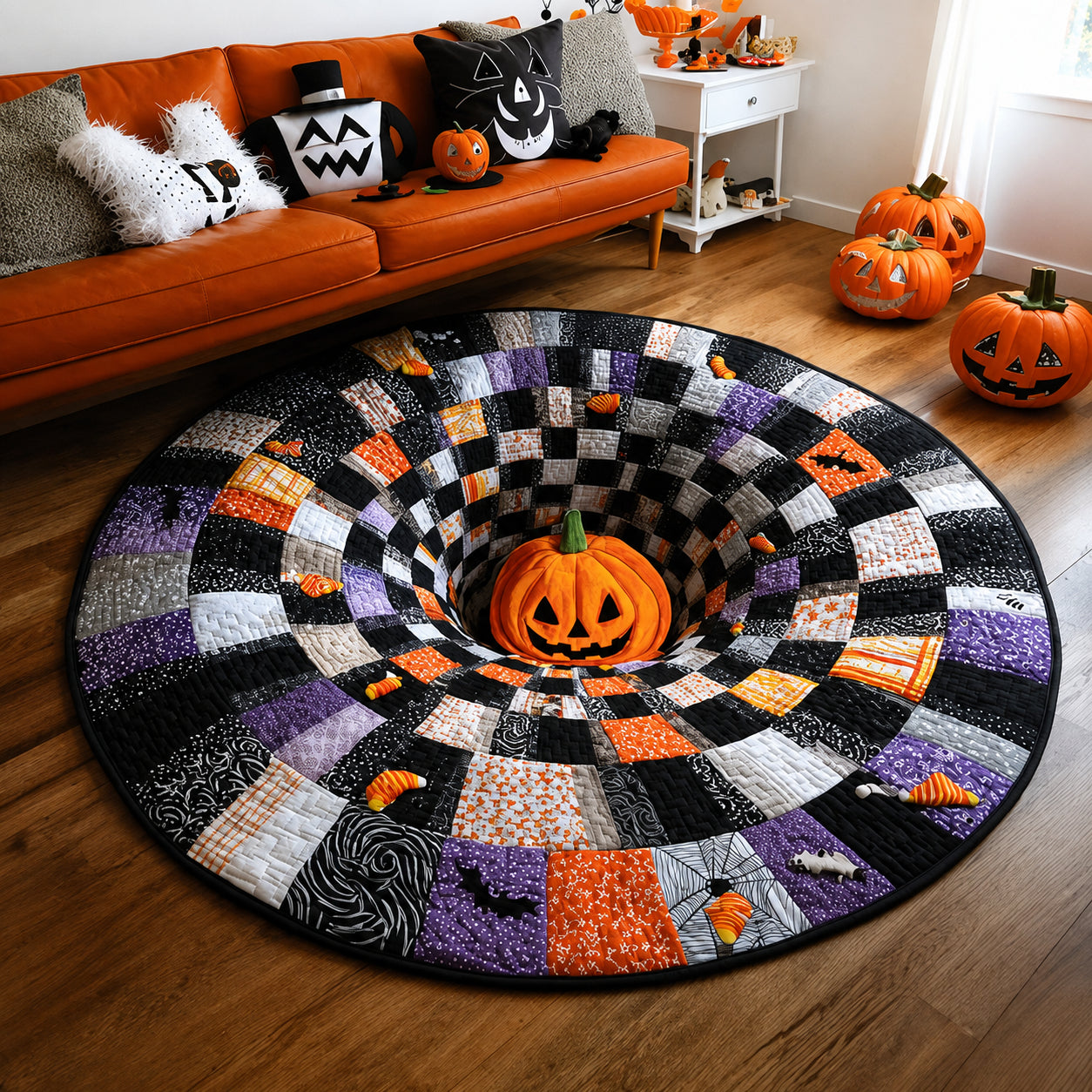 3D Skeleton Vortex Quilted Round Halloween Rug