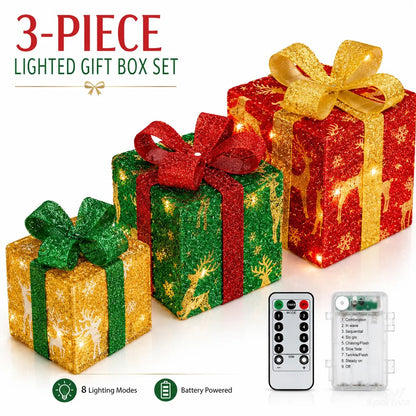 🔥Christmas Sale🎁3pc Festive Christmas Ornaments Set with Gift Box - 8 Modes, Remote Control, Warm Light LED, Ribbon Accents, DIY Assembly