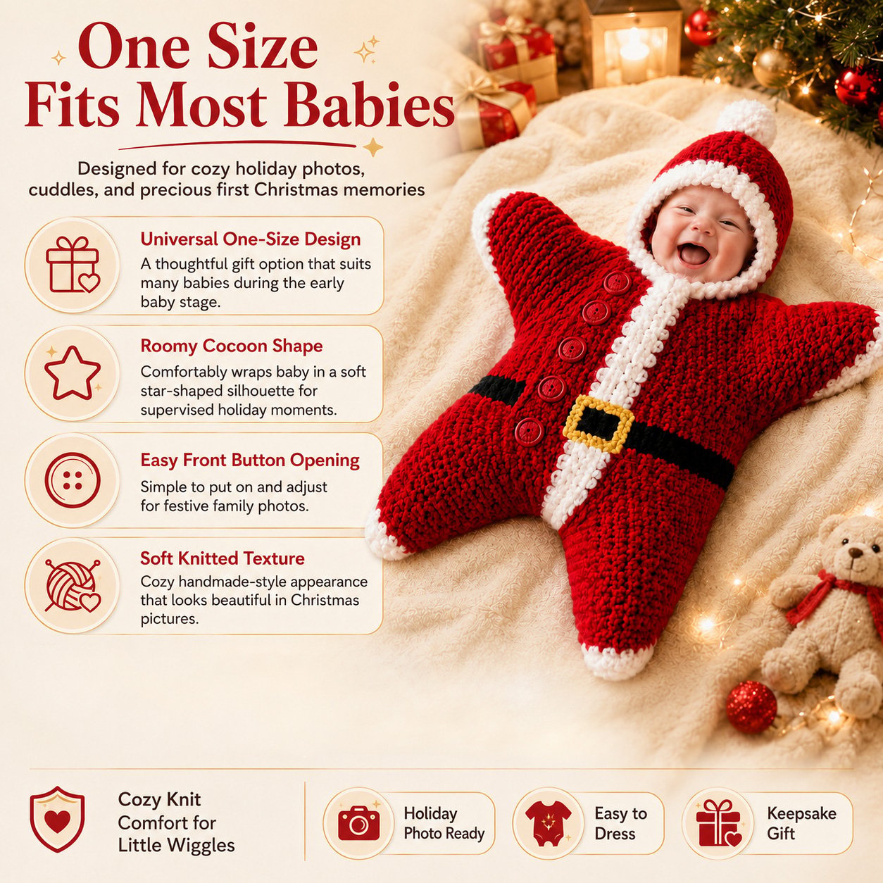 🎅 Baby’s First Christmas Keepsake Star Outfit | One Size Fits Most Babies, Soft Knitted Santa Cocoon with Front Button Opening for Holiday Photos ✨