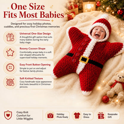 🎅 Baby’s First Christmas Keepsake Star Outfit | One Size Fits Most Babies, Soft Knitted Santa Cocoon with Front Button Opening for Holiday Photos ✨