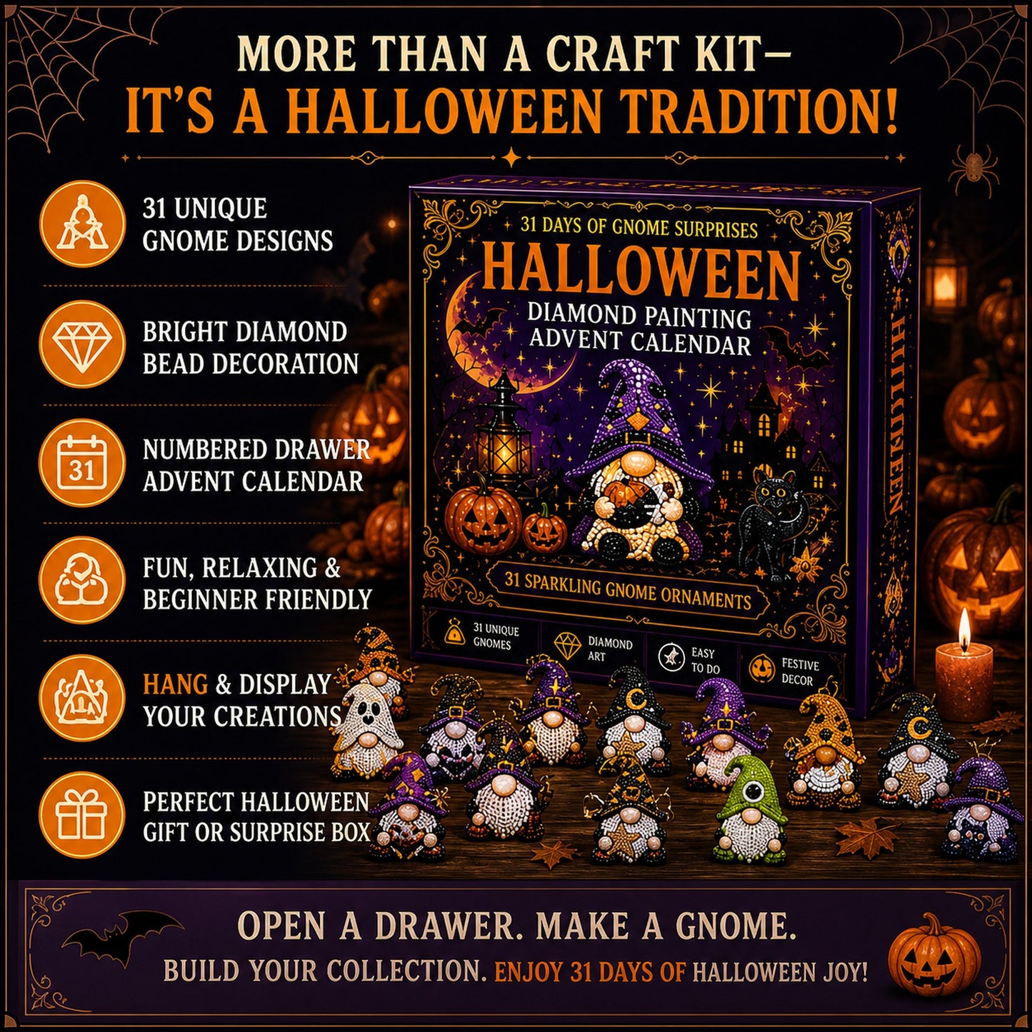 🔥HOT SALE🎃✨ 31 Days of Gnome Surprises Halloween Diamond Painting Advent Calendar
