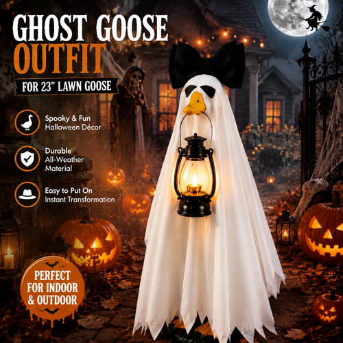 👻 Lantern Ghost Goose Outfit™ – Halloween Porch Goose Costume With Pumpkin Lantern For 23" Lawn Goose