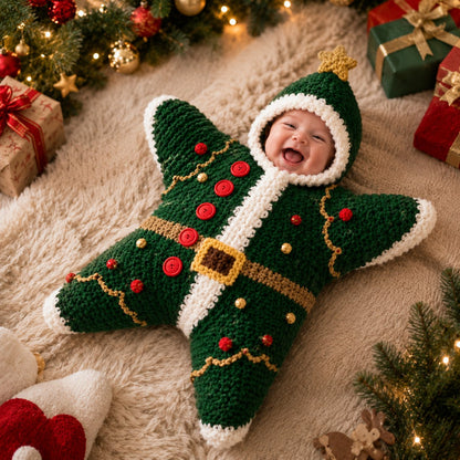 🎅 Baby’s First Christmas Keepsake Star Outfit | One Size Fits Most Babies, Soft Knitted Santa Cocoon with Front Button Opening for Holiday Photos ✨