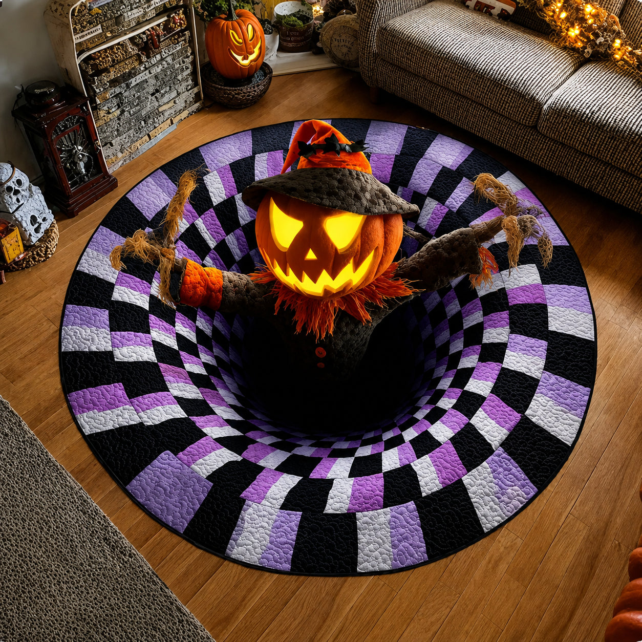 3D Skeleton Vortex Quilted Round Halloween Rug